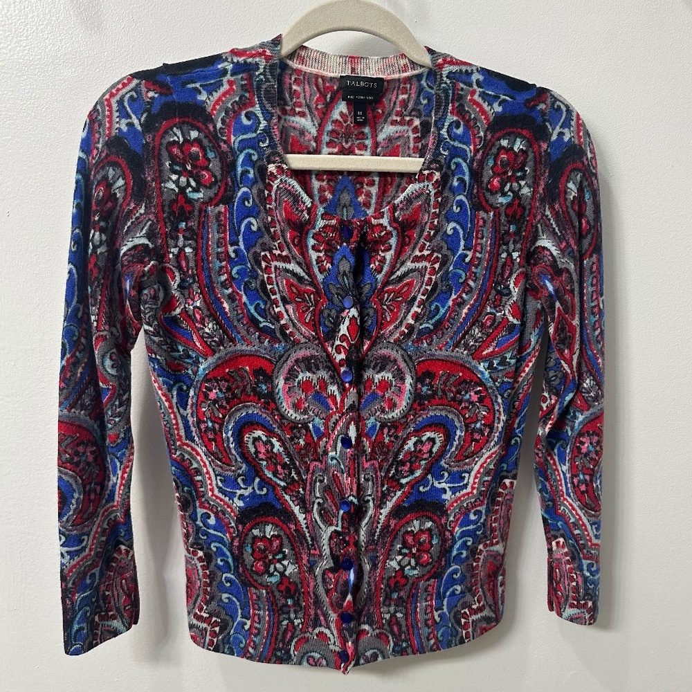 Talbots Women’s Medium Paisley 100% Pure Merino Wool Button Down Knit Cardigan